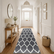 (80x300cm, Moroccan Trellis Grey) Short Pile Geometric Rug | Extra Soft Faux Fur Non Slip Rubber Backed Carpet