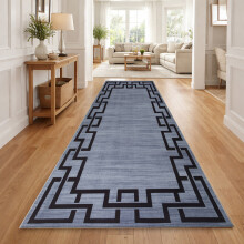 (60x220cm, Greek Key Blue) Short Pile Geometric Rug | Extra Soft Faux Fur Non Slip Rubber Backed Carpet