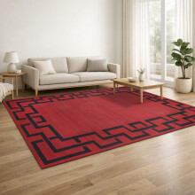 (160x230cm, Greek Key Red) Short Pile Geometric Rug | Extra Soft Faux Fur Non Slip Rubber Backed Carpet