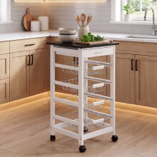 4 Tier Kitchen Trolley Wood Metal basket Drawers