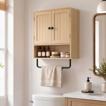 HOMCOM Bathroom Cabinet with 2 Doors and Adjustable Shelf, Oak