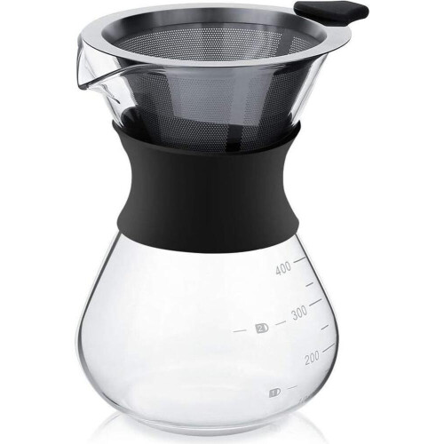 Pour Over Kaffeebereiter 400ml aus Glas – Handkaffeefilter mit Edelstahl Permanentfilter