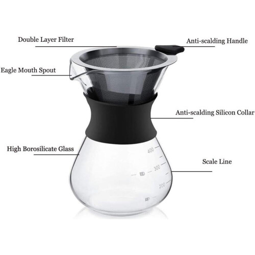 Pour Over Kaffeebereiter 400ml aus Glas – Handkaffeefilter mit Edelstahl Permanentfilter 1