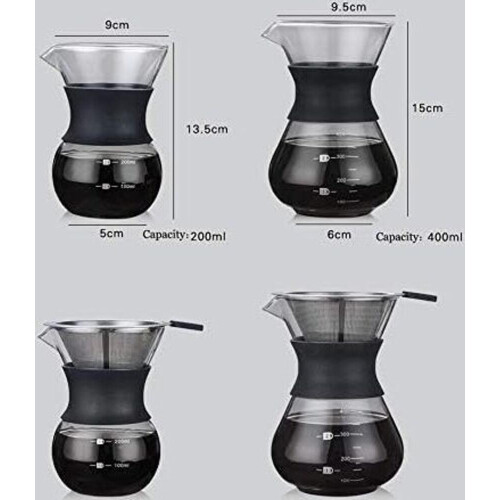 Pour Over Kaffeebereiter 400ml aus Glas – Handkaffeefilter mit Edelstahl Permanentfilter 2