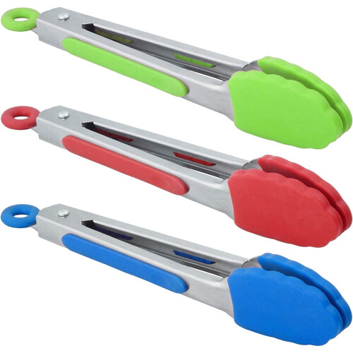 Pinça pequena Janrevotw com pontas de silicone, mini pinça de servir de 7 polegadas, conjunto de 3 (vermelho, azul e verde)