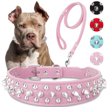 esafio hundehalsbånd med bånd, slitesterkt halsbånd i PU-skinn med nagler for pitbull, med pigger og nagler for liten og mellomstor hund