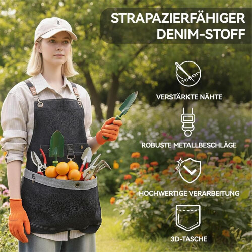 Hageforkle i denim med kryssrygg – Robust arbeidsforkle med store lommer 1