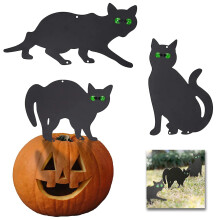 HUKUKY3 db-os laposvas fekete macskás halloweeni kültéri kerti dekoráció macska alakú betéttel halloweeni fém akasztótábla lyukakkal és