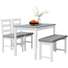 4 Piece Dining Set with Table Bench and 2 Chairs Grey White