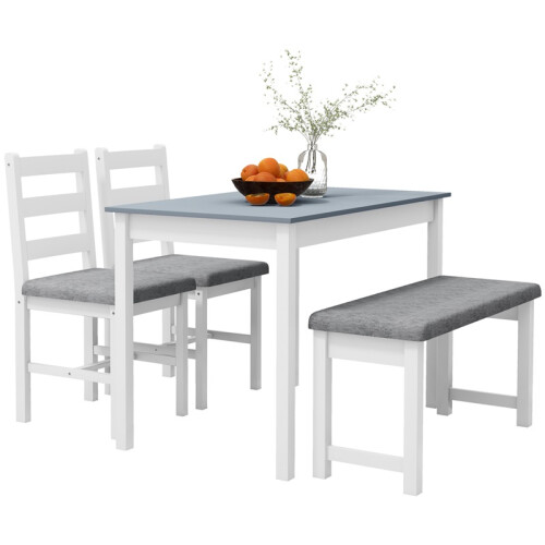 4 Piece Dining Set with Table Bench and 2 Chairs Grey White