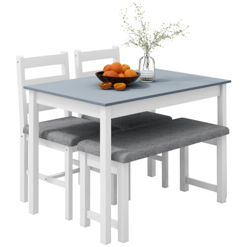 4 Piece Dining Set with Table Bench and 2 Chairs Grey White 1