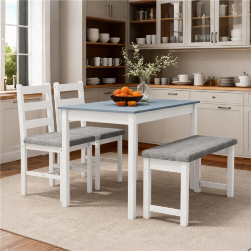 4 Piece Dining Set with Table Bench and 2 Chairs Grey White 2