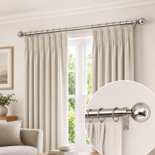 (Brushed Silver - Plain Ball, 120-210 cm (48" - 83" In)) Extendable Heavy Metal Curtain Pole 28mm Eyelet Rail With Rings Fittings Finials