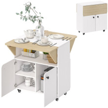 Folding Dining Table Cabinet with Storage and Wheels White