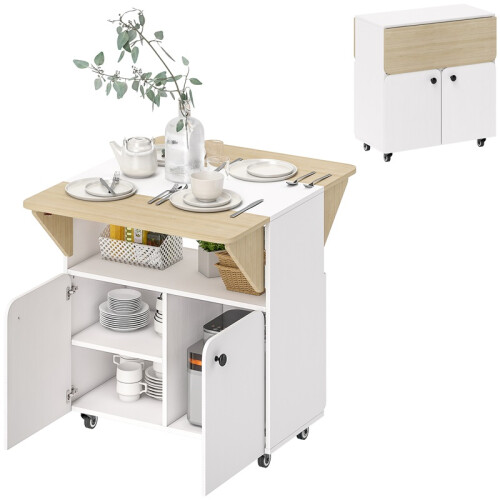 Folding Dining Table Cabinet with Storage and Wheels White
