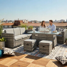BIRCHTREE 8-Seater Rattan Furniture Set with Fire Pit Table and Side Table & Stool Grey
