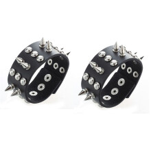 2X Metal Leather Men Bracelet with Spikes Studded Black