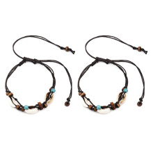 2X Boho Natural Sea Shell Stone Anklets for Women Wood Bead Seashell Ankle Bracelet Leg Foot Chain Wax Jewelry