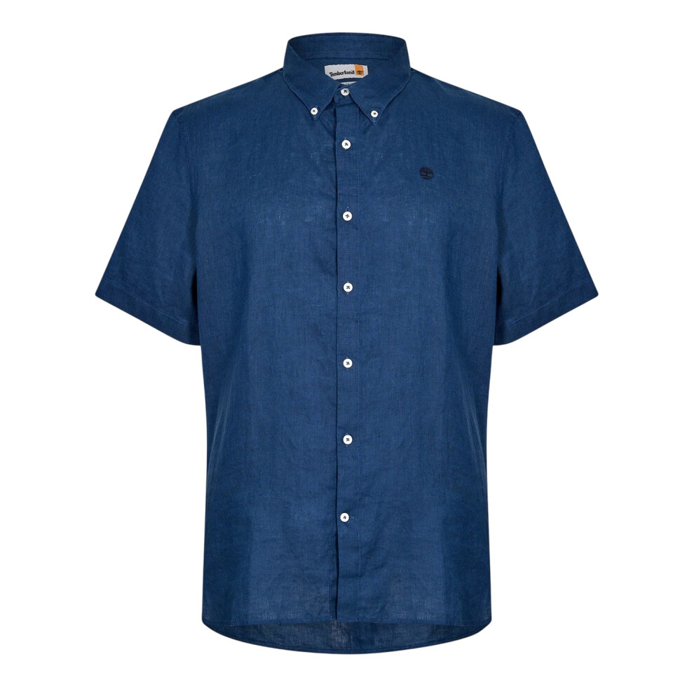 Timberland (M, Dark Denim) Mens Mill Brook Linen Collared Button-Down Shirt