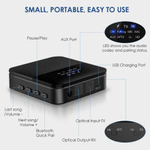 AptX HD 5.0 Transmitter, Audio Adapter for 2 Headphones, with Display, Low Latency, Supports Fibre Optic Cable
