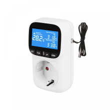 Termostato digital con control de temperatura y enchufe europeo, para un control preciso de la temperatura en el hogar.