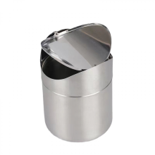 Papelera de acero inoxidable con tapa abatible, pequeño contenedor de residuos para oficina, cocina y baño, diseño compacto y duradero.
