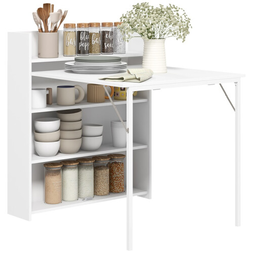 Foldable Kitchen Table with Shelves Anti-Tip Design White 1