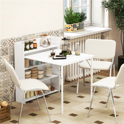 Foldable Kitchen Table with Shelves Anti-Tip Design White 2