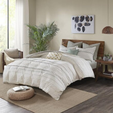 INK+IVY 100% Cotton Duvet Set Mid Century Modern Design, All Season Comforter Cover Bedding Set, Matching Shams, Full/Queen(88"x92"), Nea, Ivory