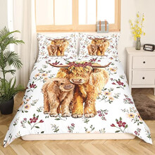 Homewish Highland Cow Duvet Cover King Floral Bedding Set Spring Flowers Romantic Family Comforter Cover Nature Halloween Horror Fire Mountain Brown