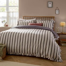 furn. Wylder Connie Duvet Cover Set â“ Reversible Cotton Rich Stripe Ruffle Linen Look Bedding (Chocolate â“ Super King)