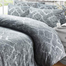 Voice7 Teddy Fleece Duvet Cover Set - Kingsize Embossed Quilt Cover + Matching Pillow Cases - Soft Snugly & Warm Damask Design (Silver)