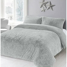 HOMES-LINEN Teddy Bear Fleece Long Fur Cuddles Alaska Luxury Duvet Cover Set Warm Cosy Soft Teddy Bedding Set (Silver, Super King)
