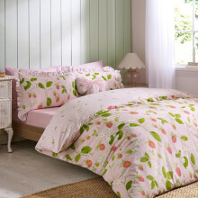 Catherine Lansfield Strawberry Frills Gingham Reversible Double Duvet Cover Set with Pillowcases Pink