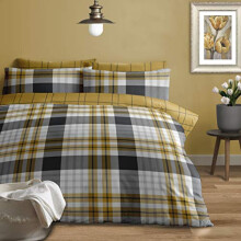 Jansons Direct Linens 100% Brushed Cotton Check Design Duvet Cover Set King Bed Size in Grey & Ochre Reversible