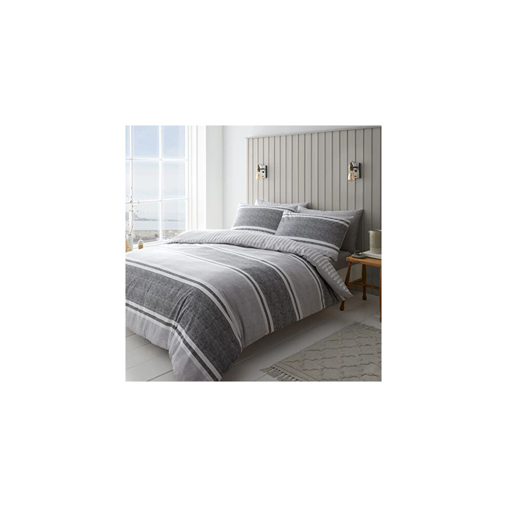 Catherine Lansfield Textured Banded Stripe Duvet Cover Set - Charcoal - Image 8