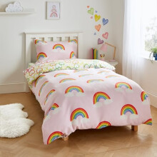 Catherine Lansfield Rainbow Hearts Cosy Fleece Reversible Double Duvet Cover Set with Pillowcases Pink
