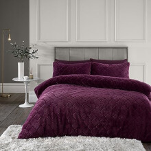 Catherine Lansfield Cosy Diamond Faux Fur Single Duvet Cover Set with Pillowcase Plum
