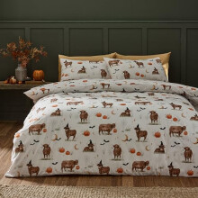 Catherine Lansfield Halloween Highland Cow Reversible Double Duvet Cover Set with Pillowcases Natural