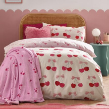 Catherine Lansfield Cherries and Bows Reversible Single Duvet Cover Set with Pillowcase Pink