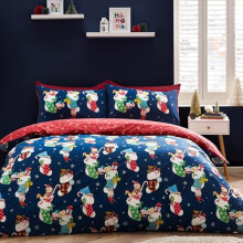 Catherine Lansfield Christmas Elves Cotton Rich Double Duvet Cover Set with Pillowcase Navy Blue
