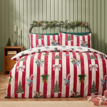 Catherine Lansfield Christmas Stripe Reversible King Duvet Cover Set with Pillowcases Red