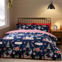 Catherine Lansfield Christmas Ski Village Reversible Single Duvet Cover Set with Pillowcase Navy Blue