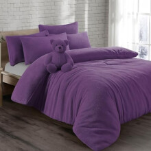 KD HOME EVERYTHING YOU NEED Teddy Bear Fleece Super Soft Fluffy Warm and Cosy Duvet Sets with matching Fitted Sheet and Pillowcases (Purple, Double