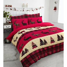Stag Christmas Tartan Thermal Flannel Duvet Cover Set Brushed Cotton Red, Grey, Chocolate Soft Warm Available in Single, Double, King, Super King Size