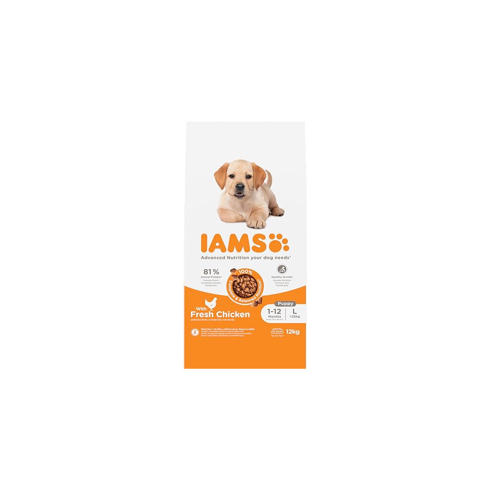 Iams Junior Dry Dog Food With Chicken - Puppy Food For Puppies Aged 1-12 Months, Suitable For Large Breeds, 12 Kg