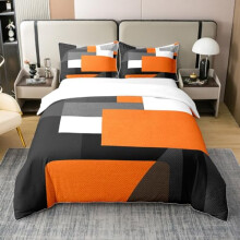 Orange and Black Duvet Cover 100% Cotton Geometry Bedding Set for Kids Boys Girls Teens Room Decor Geometric Square Comforter Cover Set King Size