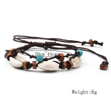 2X Boho Natural Sea Shell Stone Anklets for Women Wood Bead Seashell Ankle Bracelet Leg Foot Chain Wax Jewelry