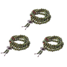 3X Olive Green Sandalwood Beads Buddha Buddhist Mala Stretch Necklace Rosary 29 inch