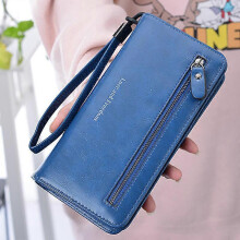 (Blue) PU Leather Long Wallet with Zipper Pocket and Lanyard for Women
